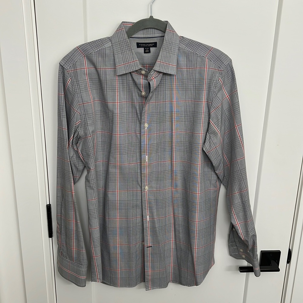 Banana Republic - Slim Fit Dress Shirt - 15.5”32 - Gray w Accent Red Window Pane